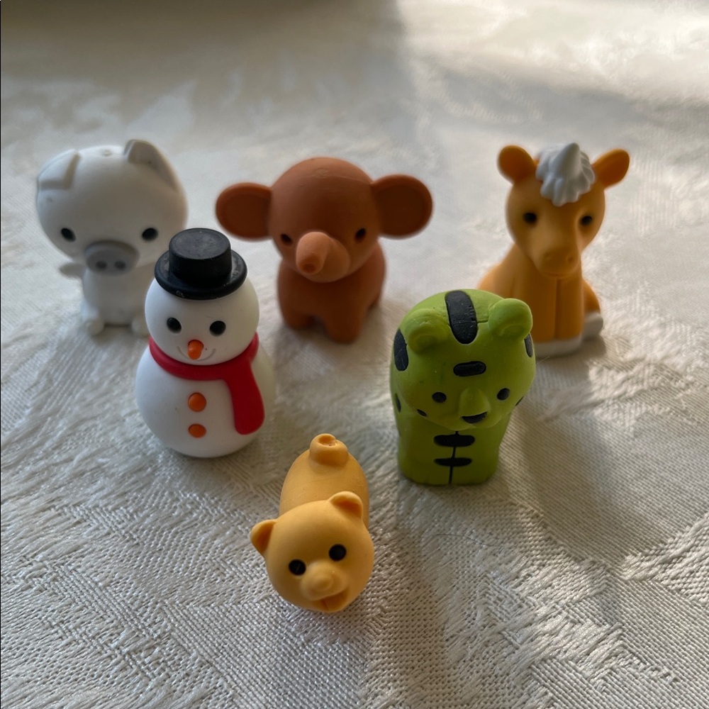 Japan Rubber Collectible Colorful Animal & Snowman Erasers Kids Toys Set of 6